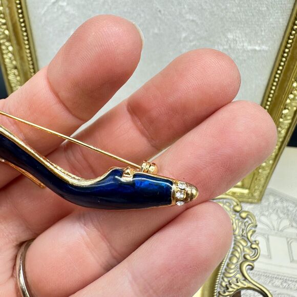 Vintage Fancy Enamel Blue High Heel Shoe Brooch With Crystal Rhinestones Pin - Picture 4 of 4